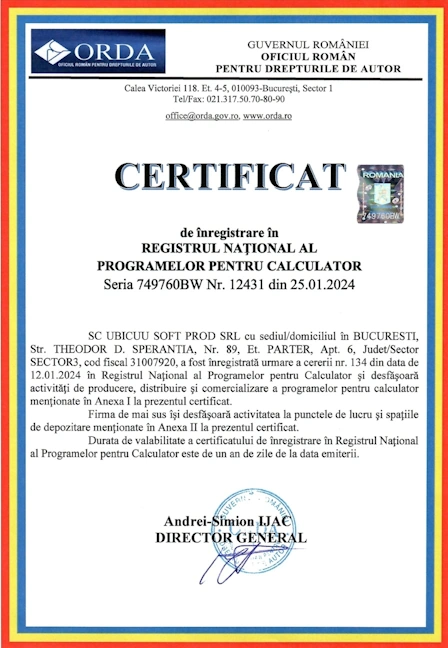 Certificat ORDA pentru UBICUU SOFT PROD SRL Certificat ORDA pentru UBICUU SOFT PROD SRL